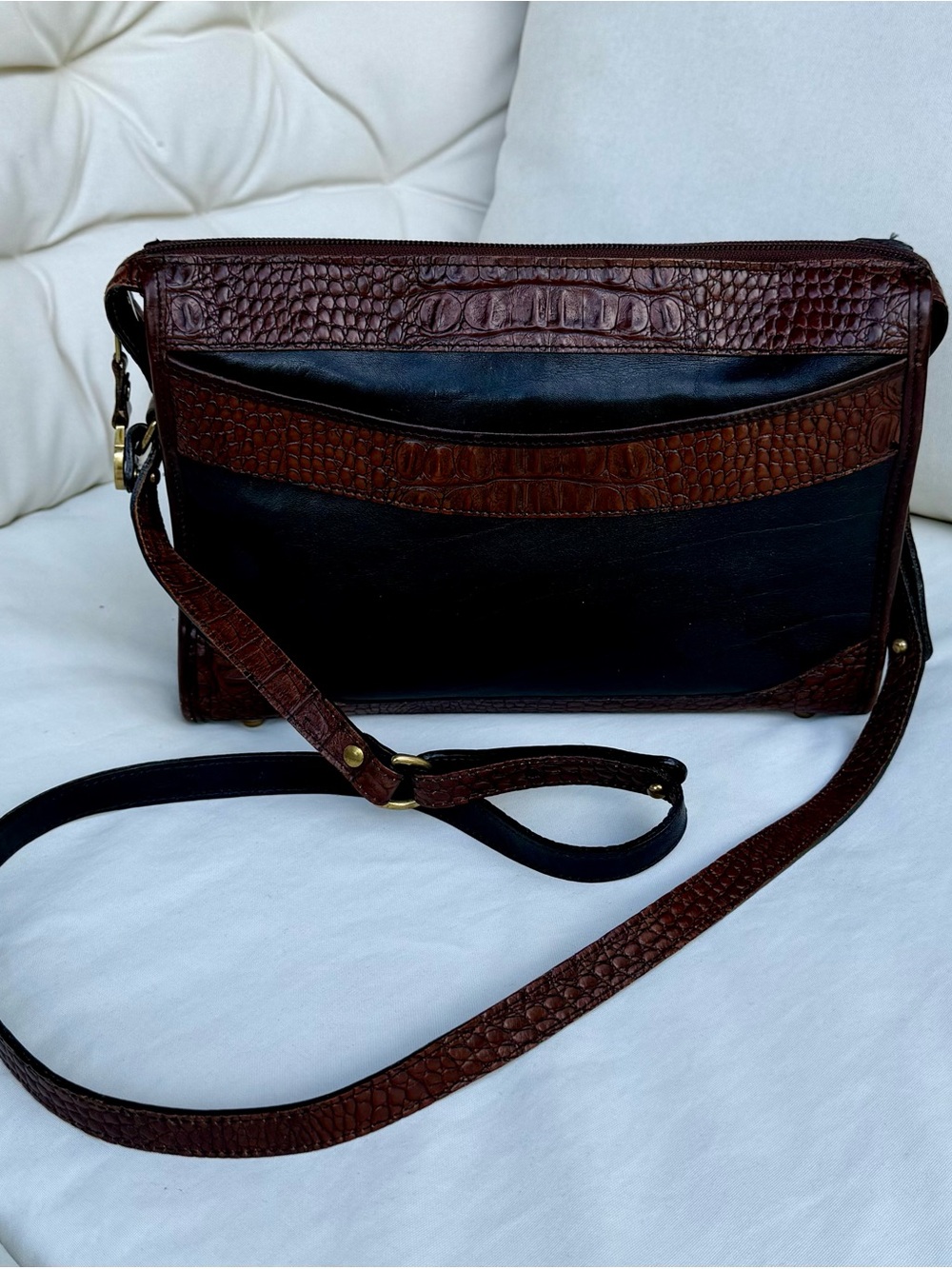 Brahmin Black and Dark Brown Croc-Trim Shoulder Bag